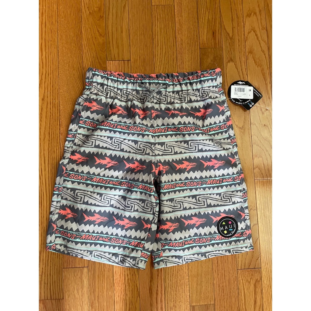 Maui and Sons Boys Swim Trunks Large 10/12 Deep Coral Shark Pool Shorts NWT